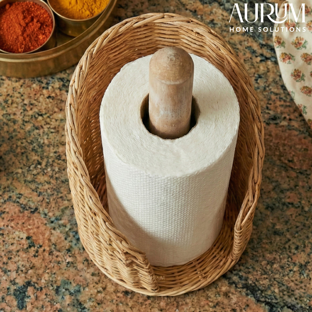 Paper Towel Holder Jiggler with Natural Rattan Weave