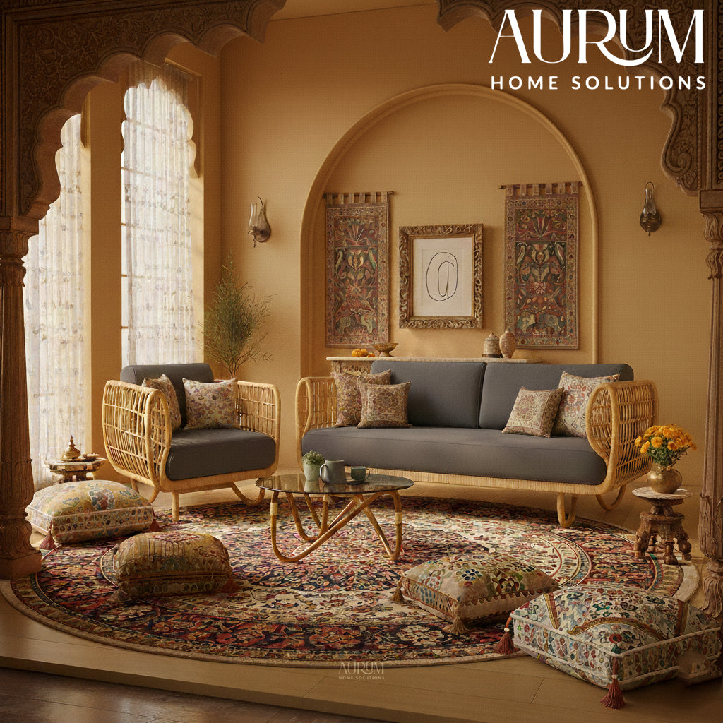 Cane Sofa Set with Curved Rattan Design for Indoor & Outdoor