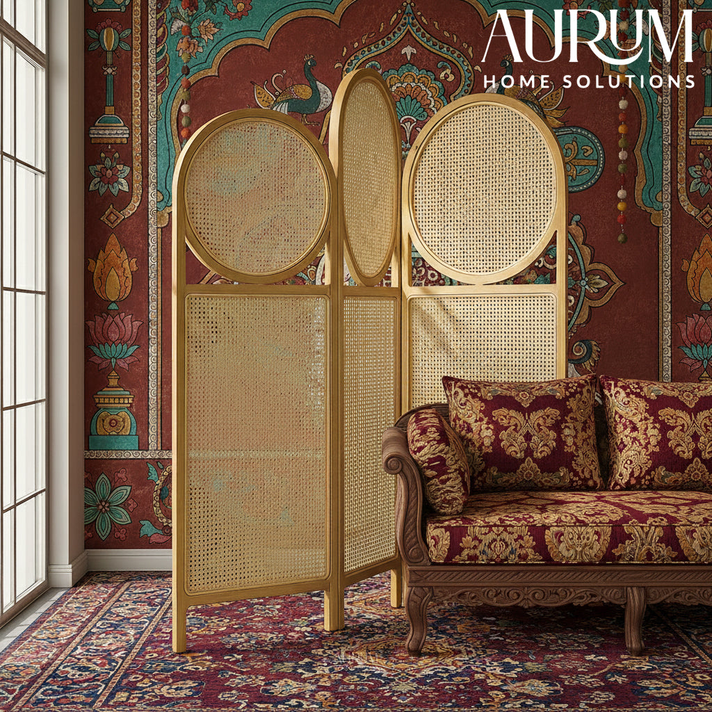 Room Partition Circle Screen Rattan Divider with Folding Panels