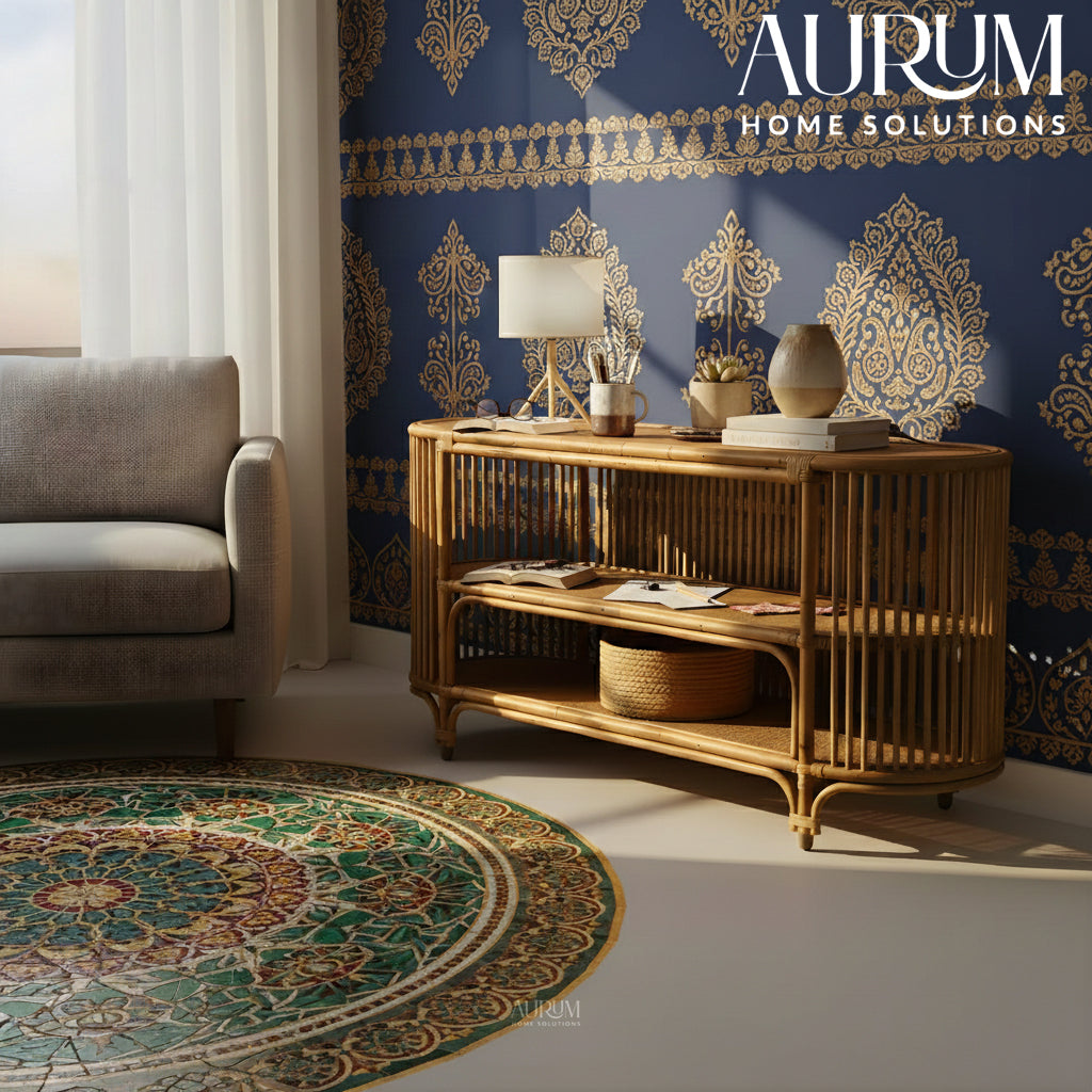 Console Table with Rattan Shelving for Entertainment Spaces
