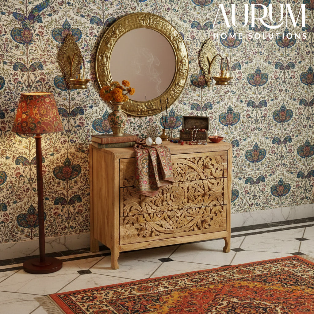 Elegant Floral Handcarved 3-Drawer Dresser