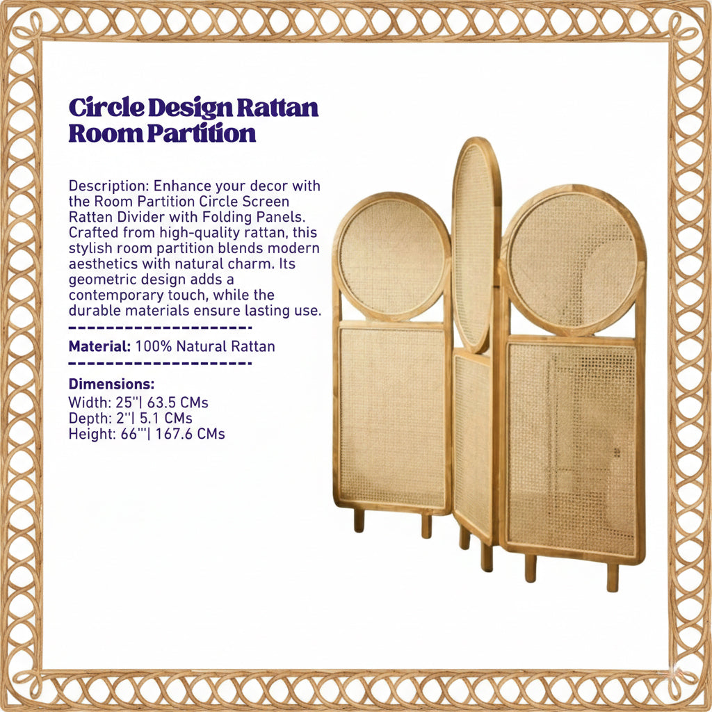 Room Partition Circle Screen Rattan Divider with Folding Panels