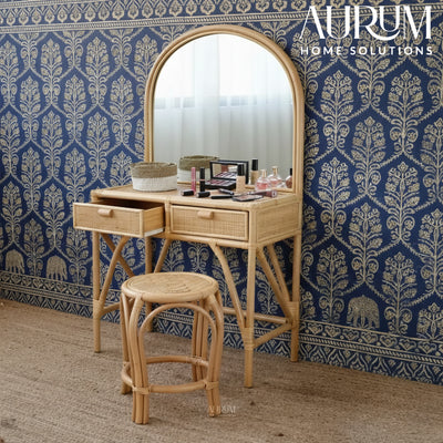 Dressing Mirror and Table | Modern Vanity Haven with Rattan Frame (Including Stool & Glass)