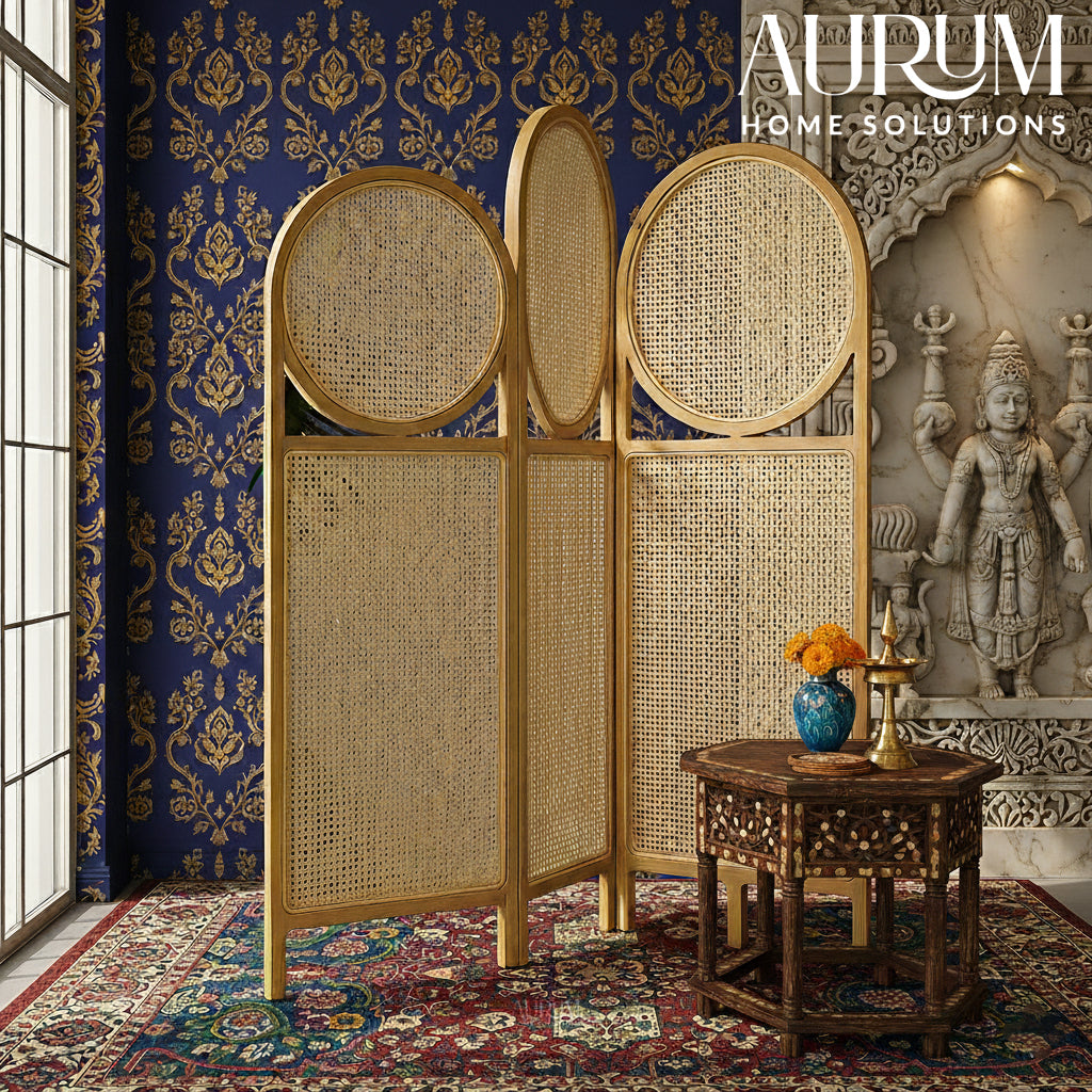 Room Partition Circle Screen Rattan Divider with Folding Panels