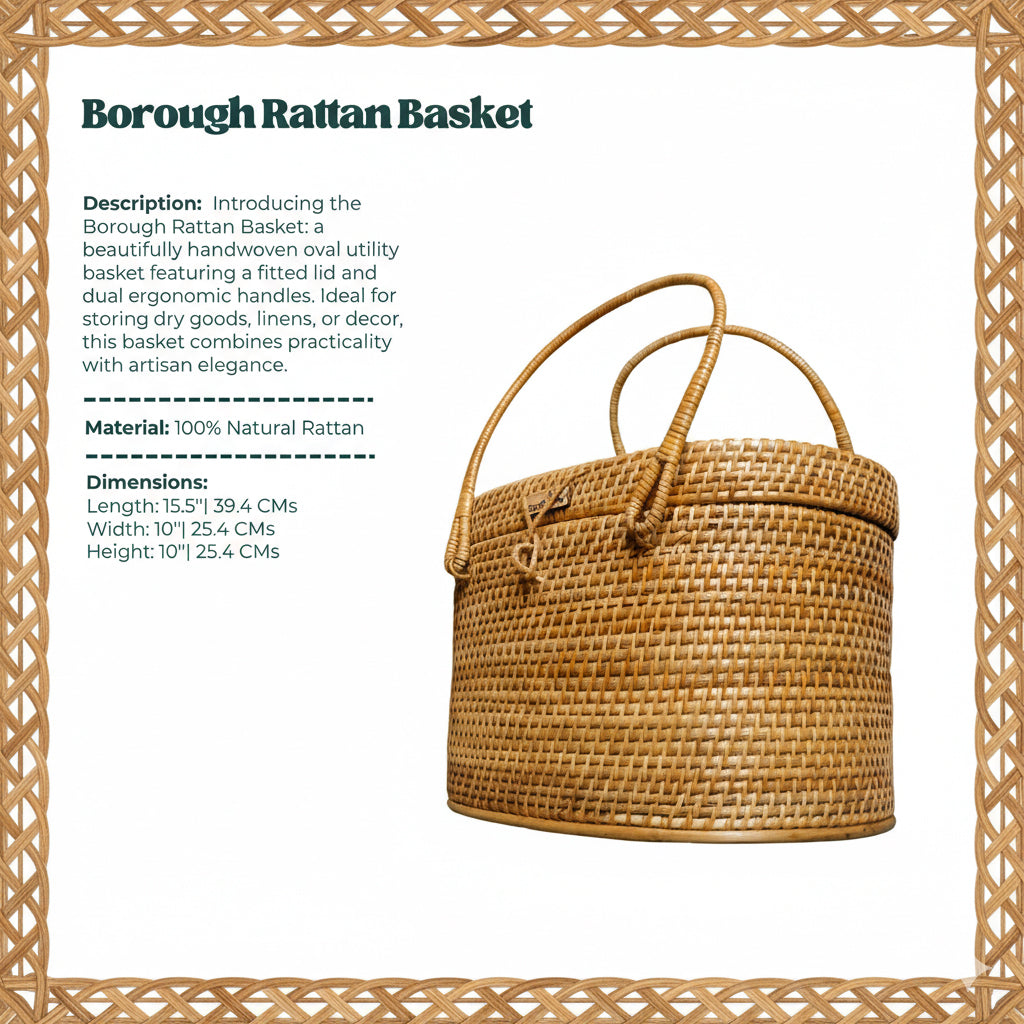 Borough - Lidded Oval Rattan Utility Basket with Dual Handles