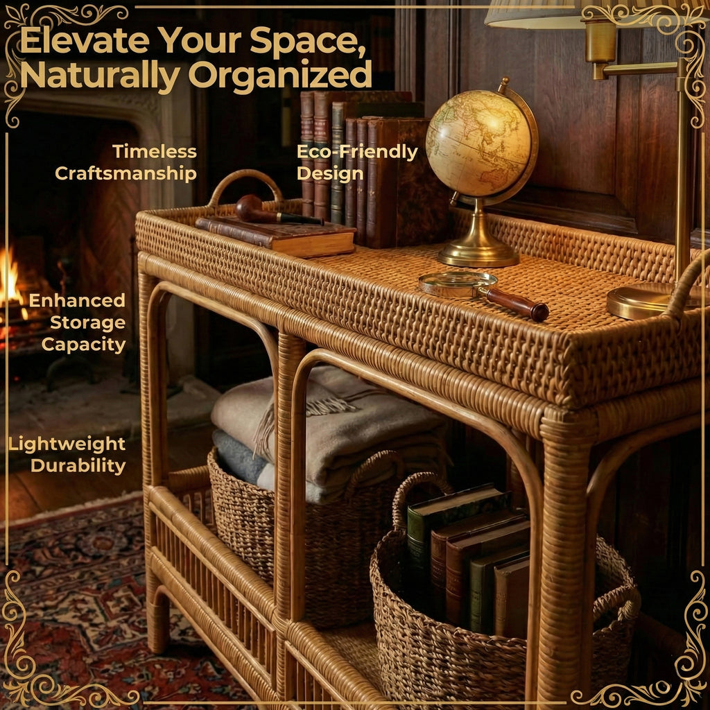 Console Table with Marvel Rattan Weaving and Two-Tier Design