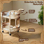 Bar Cart with Rattan Shelves and Rolling Wheels