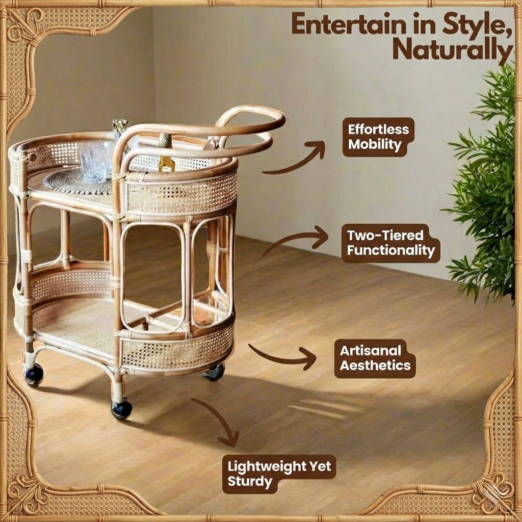 Bar Cart with Rattan Shelves and Rolling Wheels