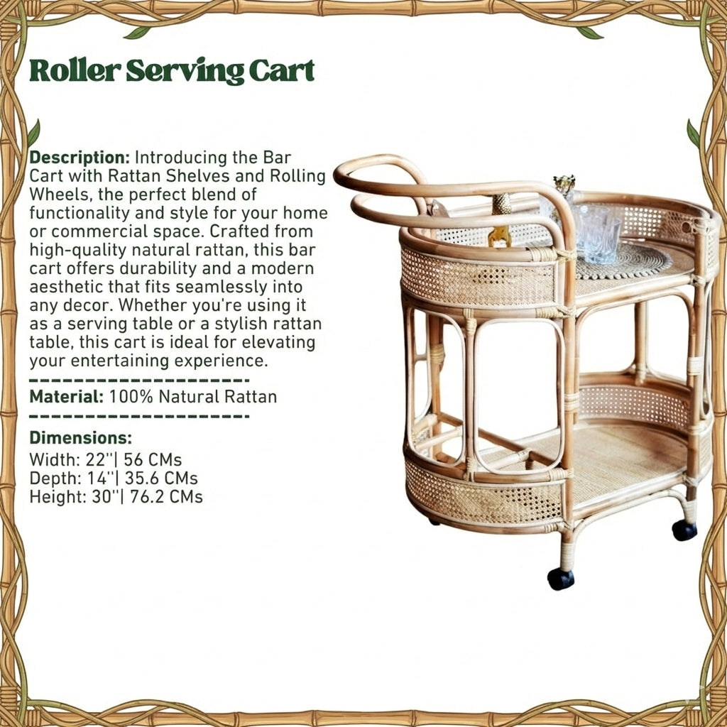 Bar Cart with Rattan Shelves and Rolling Wheels