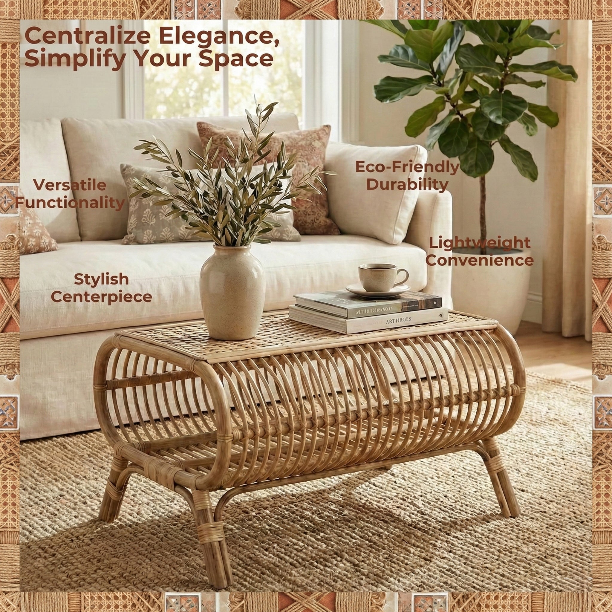 Center Table with Chic Rattan Weaving for Indoor Spaces