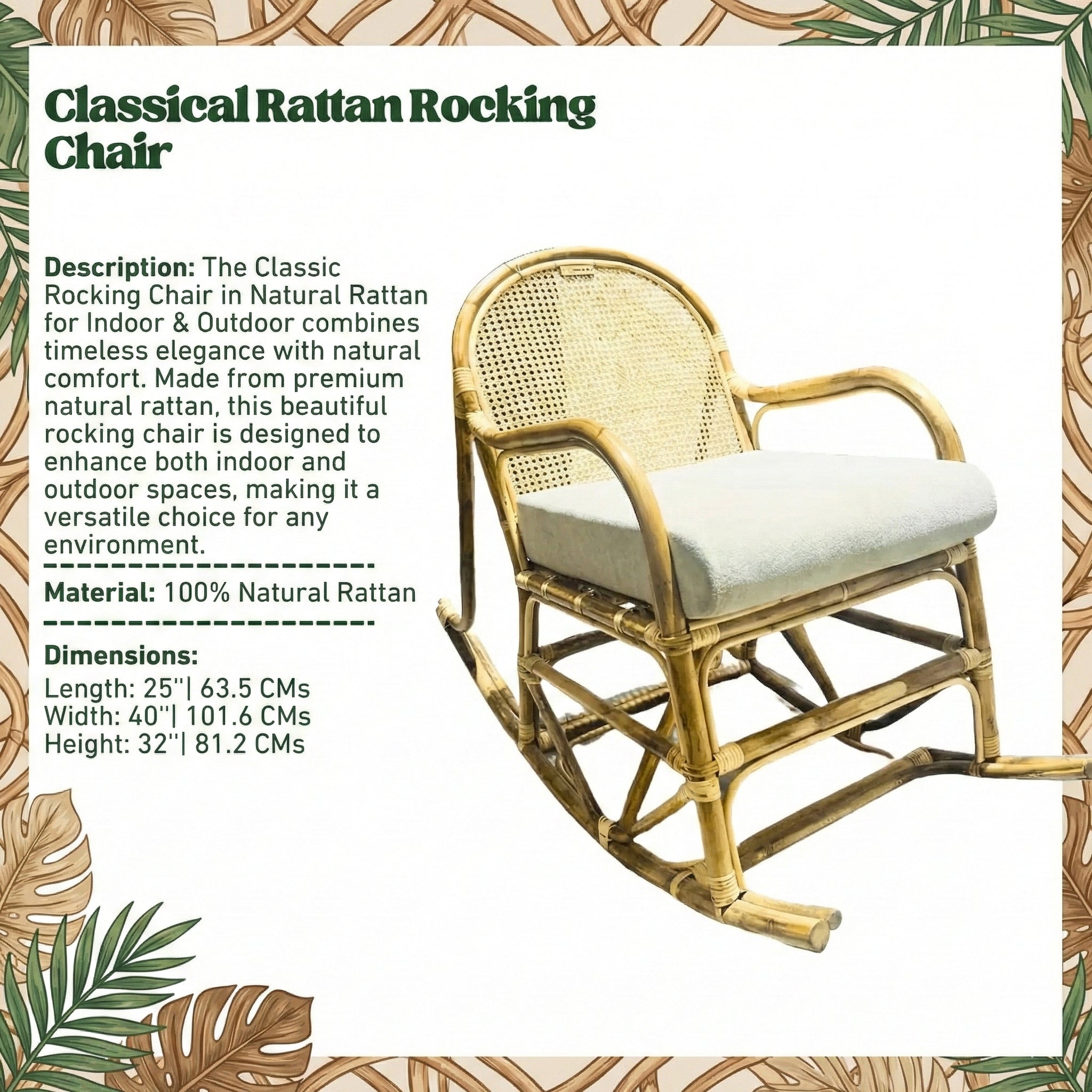 Classic Rocking Chair in Natural Rattan for Indoor & Outdoor