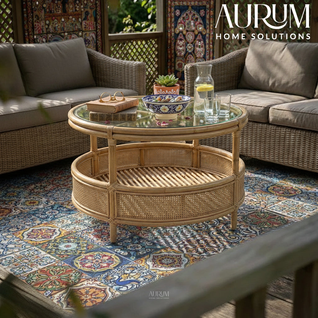 Coffee Table with Circular Chic Design and Natural Rattan (Without Glass)