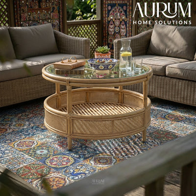 Coffee Table with Circular Chic Design and Natural Rattan (Without Glass)