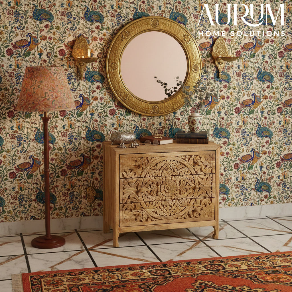 Elegant Floral Handcarved 3-Drawer Dresser