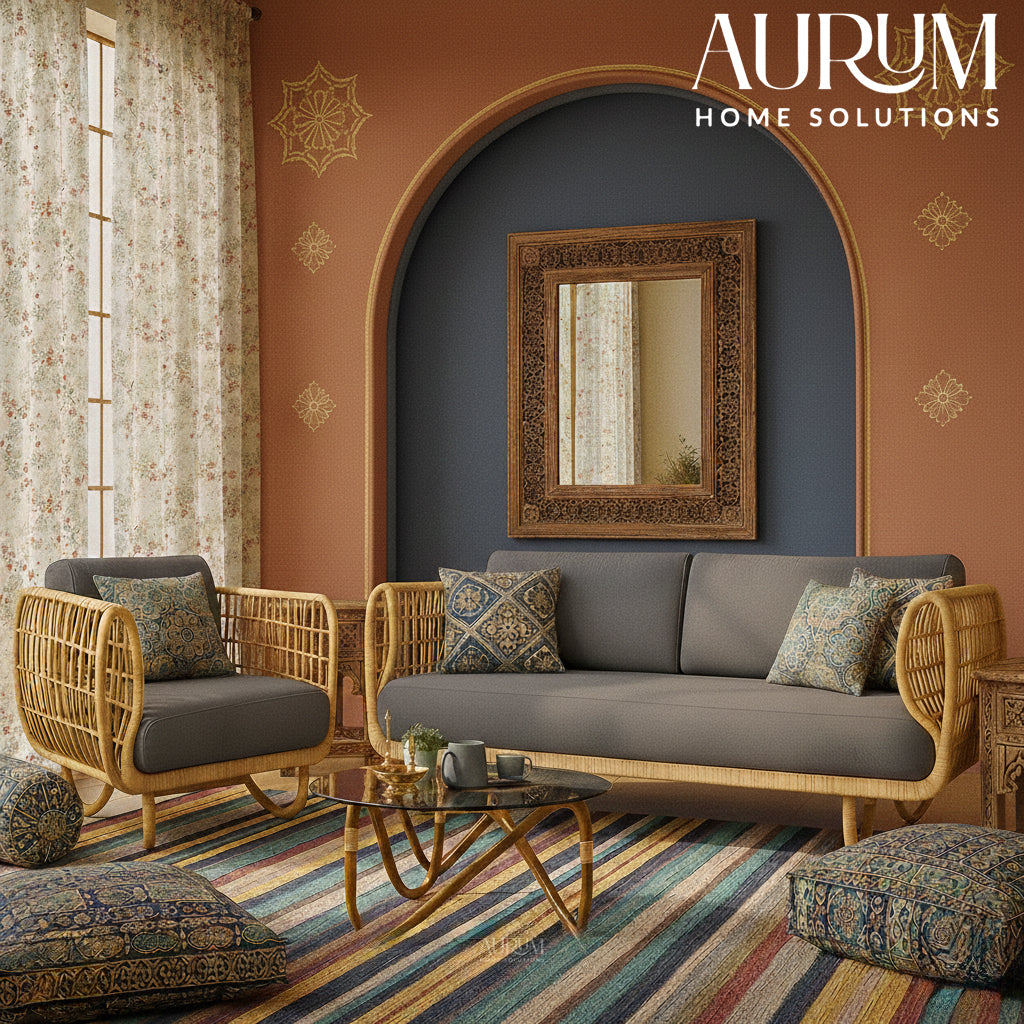 Cane Sofa Set with Curved Rattan Design for Indoor & Outdoor