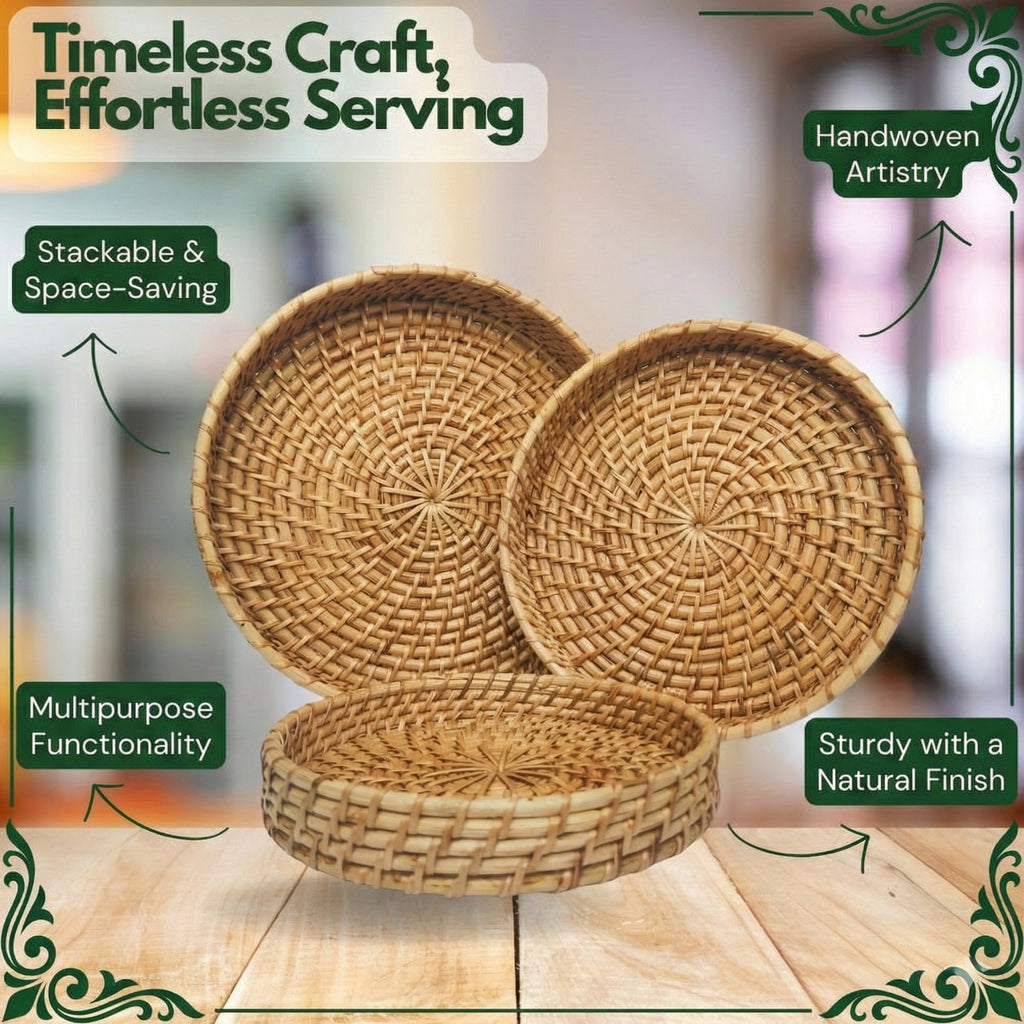 Serving Tray Set of 3 | Celestial Charm Trio Circular Rattan
