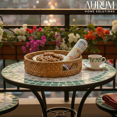 Whisper Weave - Handwoven Round Rattan Tray with Cut-Out Handles