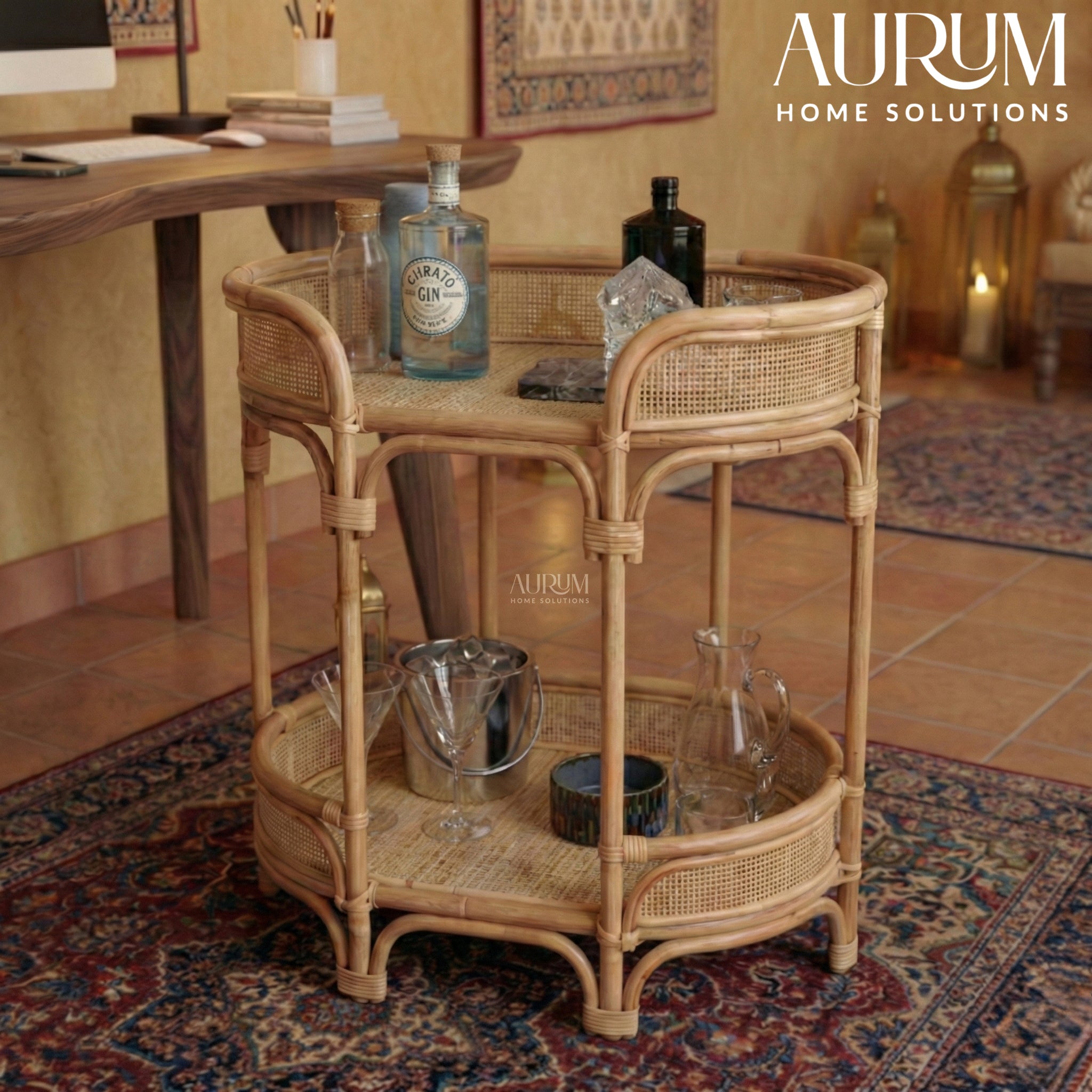 Bar Cart and Table with Rattan Shelves | Rendezvous Entertaining