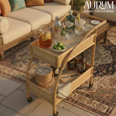 Bar Cart with Rattan Shelves | Curved Cruiser Design