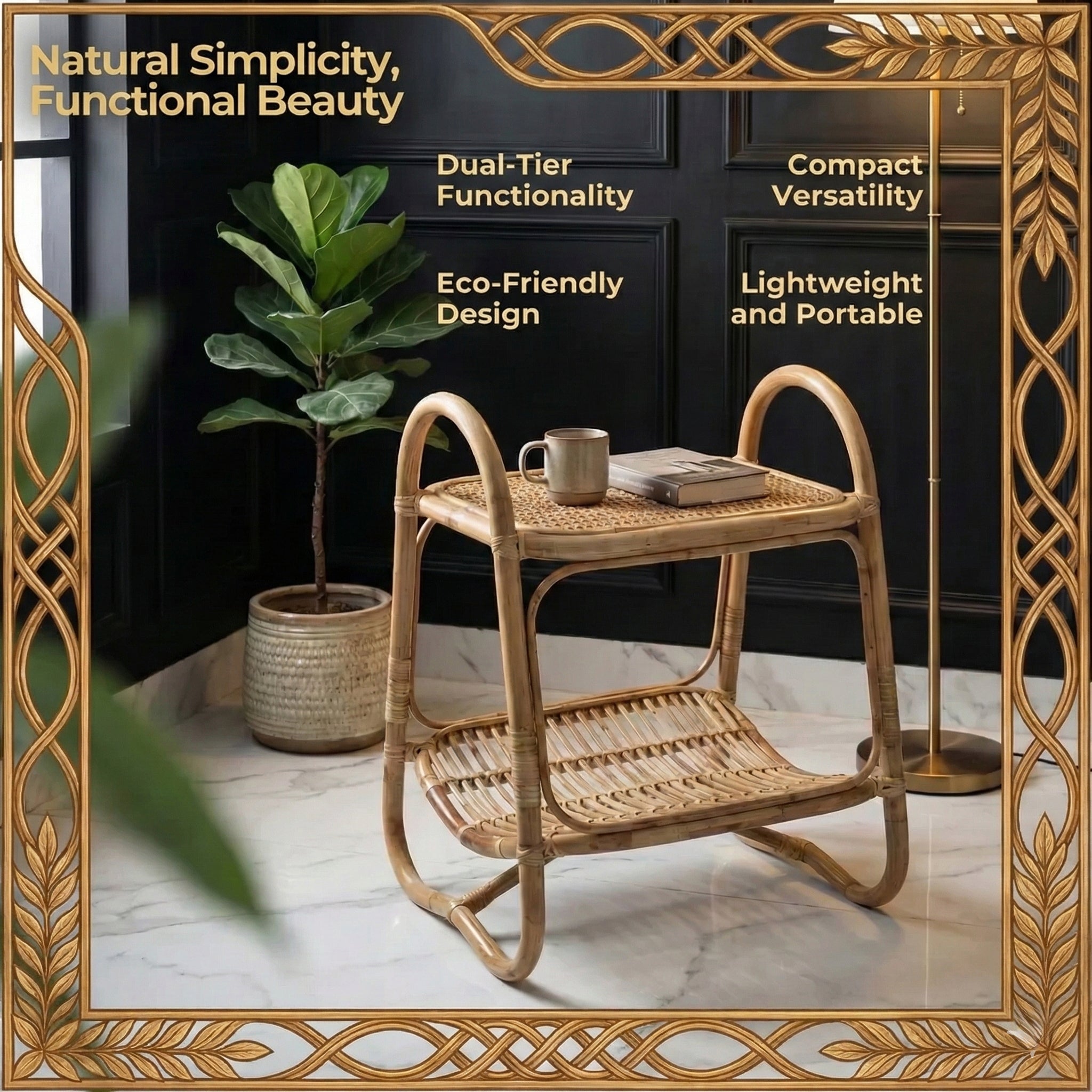 Side Table with Double-Tier Rattan Design