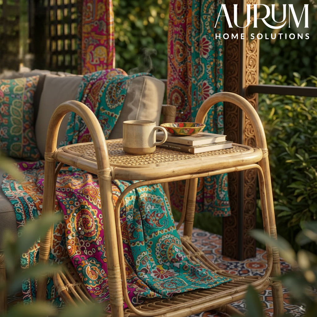 Side Table with Double-Tier Rattan Design