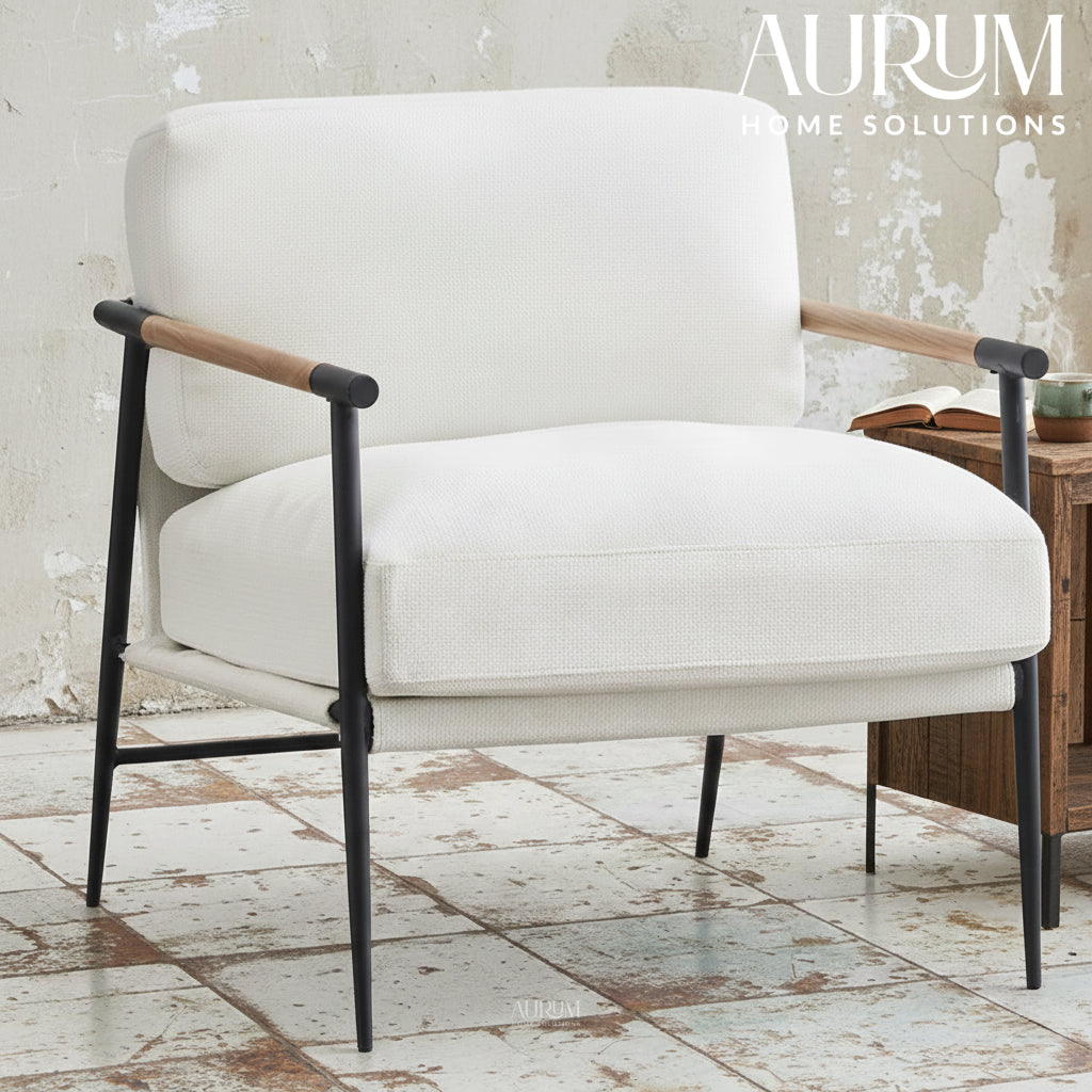 Upholstered White Accent Chair with Metal Legs & Arms
