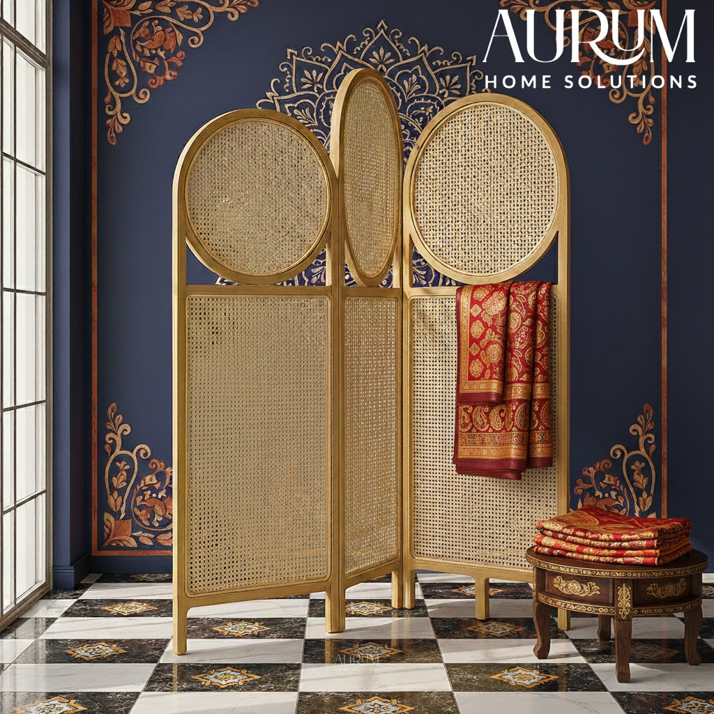 Room Partition Circle Screen Rattan Divider with Folding Panels