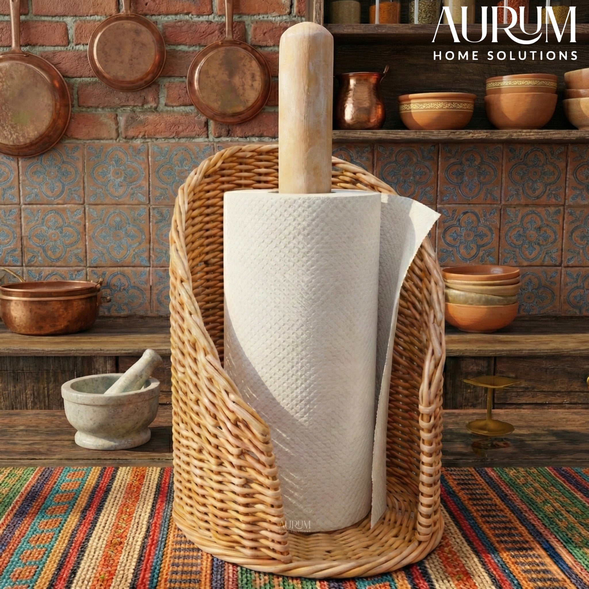 Paper Towel Holder Jiggler with Natural Rattan Weave