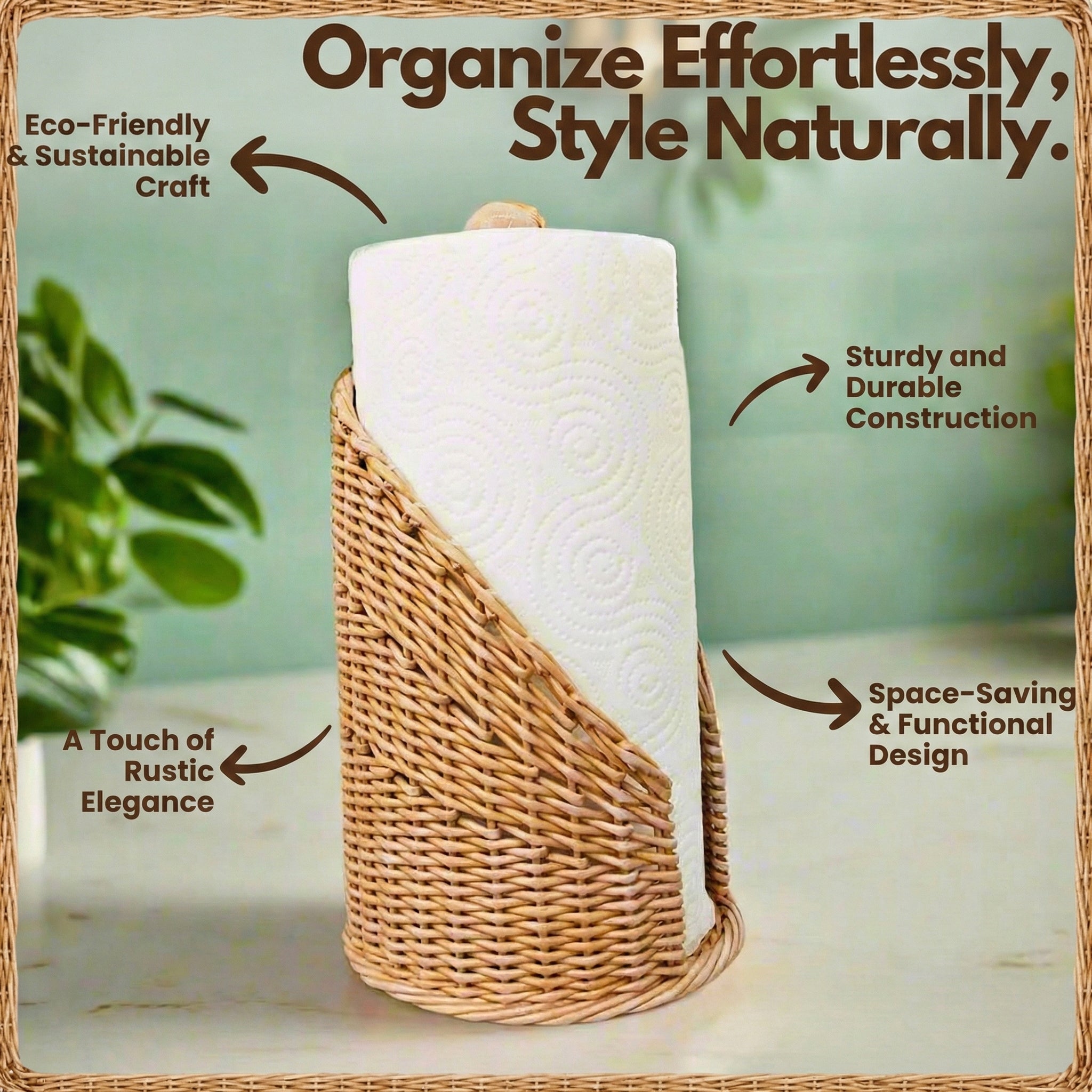 Paper Towel Holder Jiggler with Natural Rattan Weave