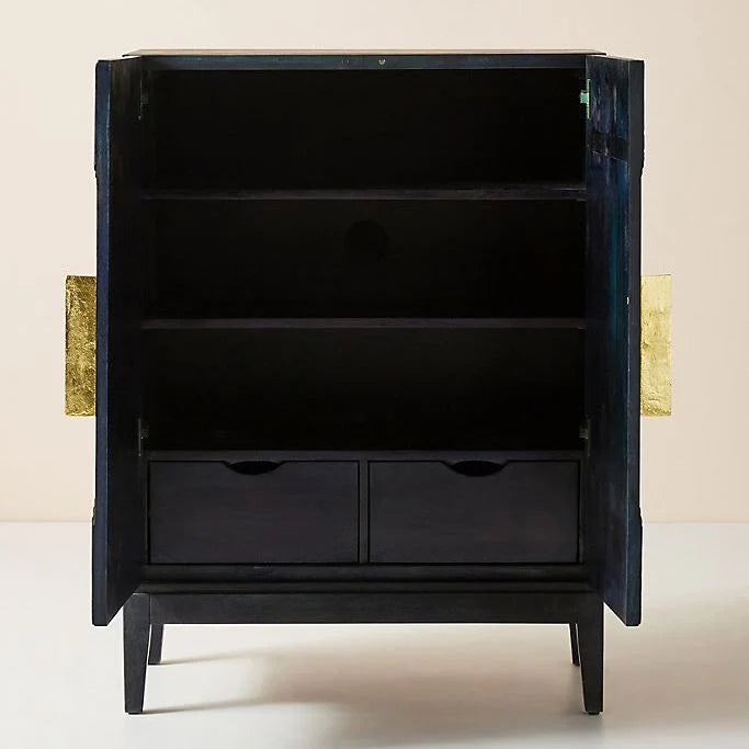 Handcarved Cabinet In Black & Brass Handles