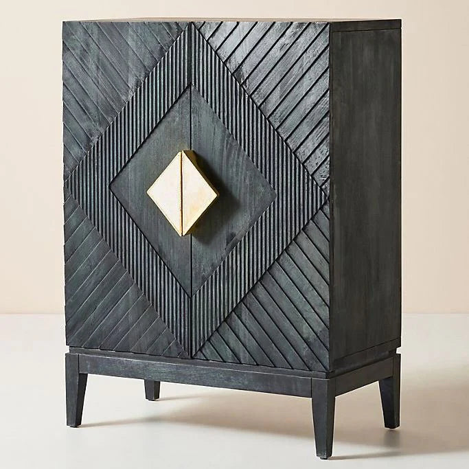 Handcarved Cabinet In Black & Brass Handles