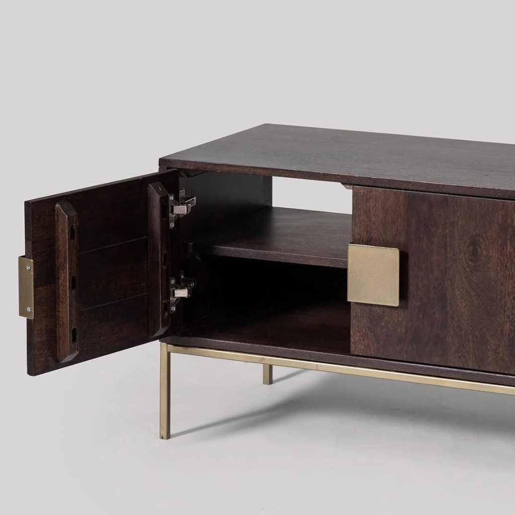 Modern Mango Wood TV Console with Brass Accents