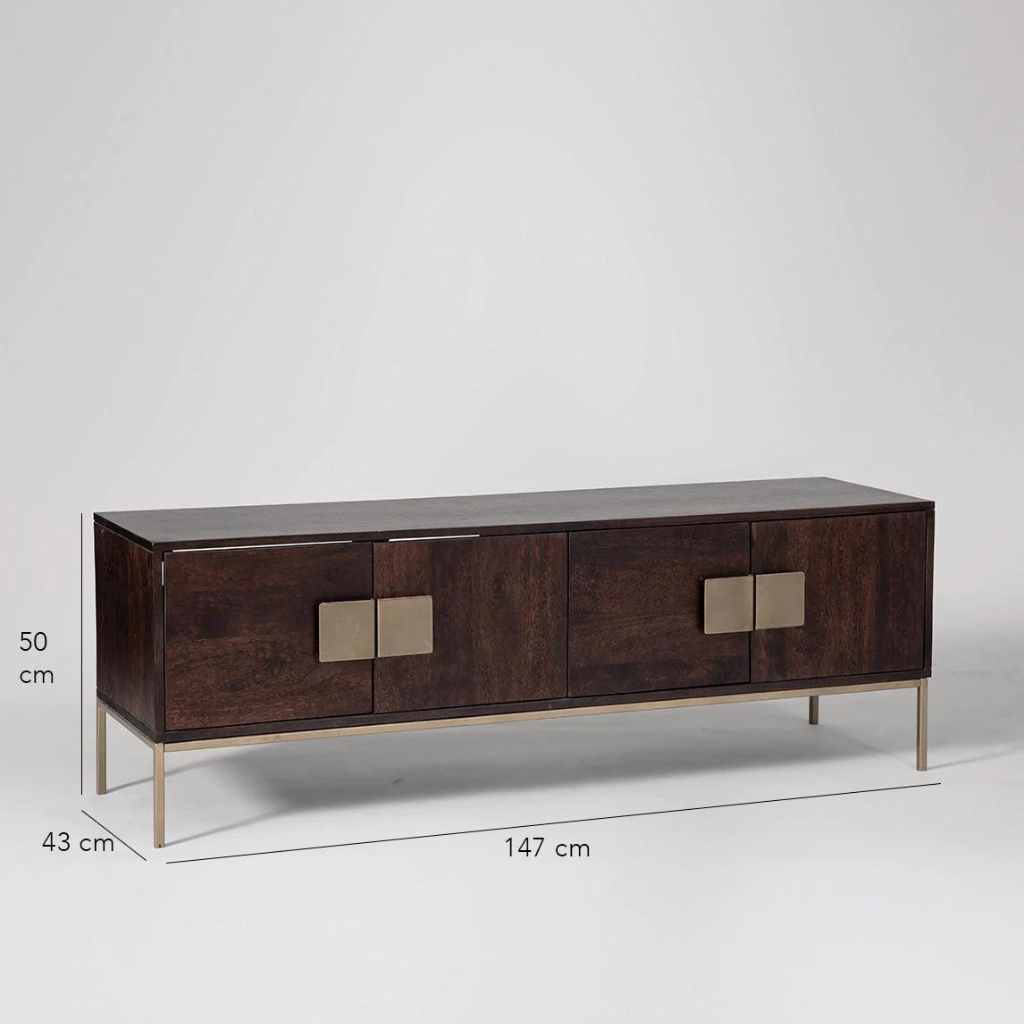 Modern Mango Wood TV Console with Brass Accents