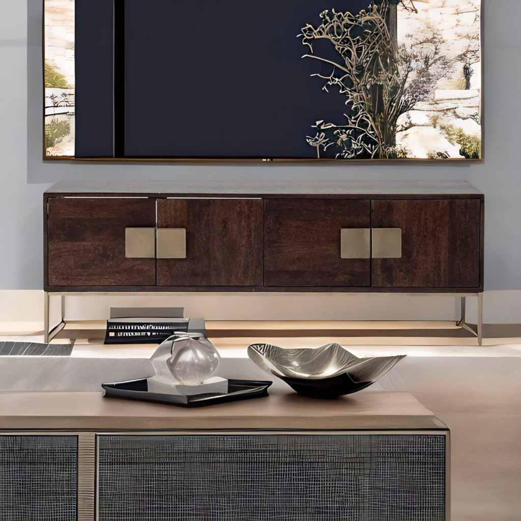 Modern Mango Wood TV Console with Brass Accents