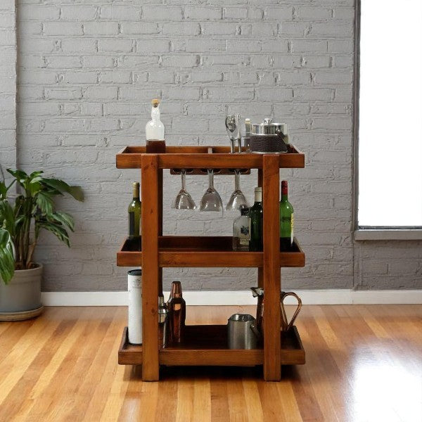 Regal Teak Finish Wooden Bar Trolley