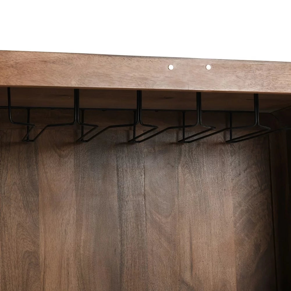 Walnut-Finished Sheesham Wood Hand-Carved Bar Cabinet