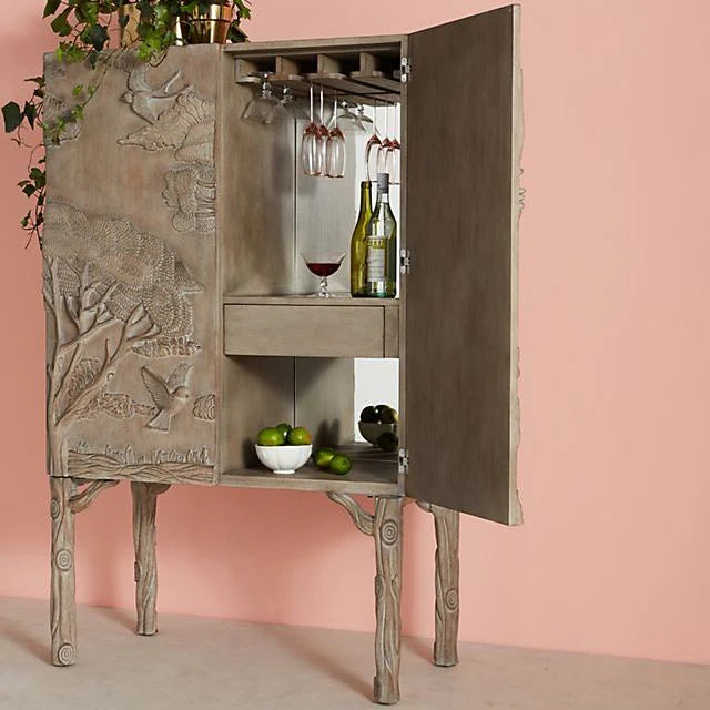 Elegant Foliage Handcarved Bar Cabinet