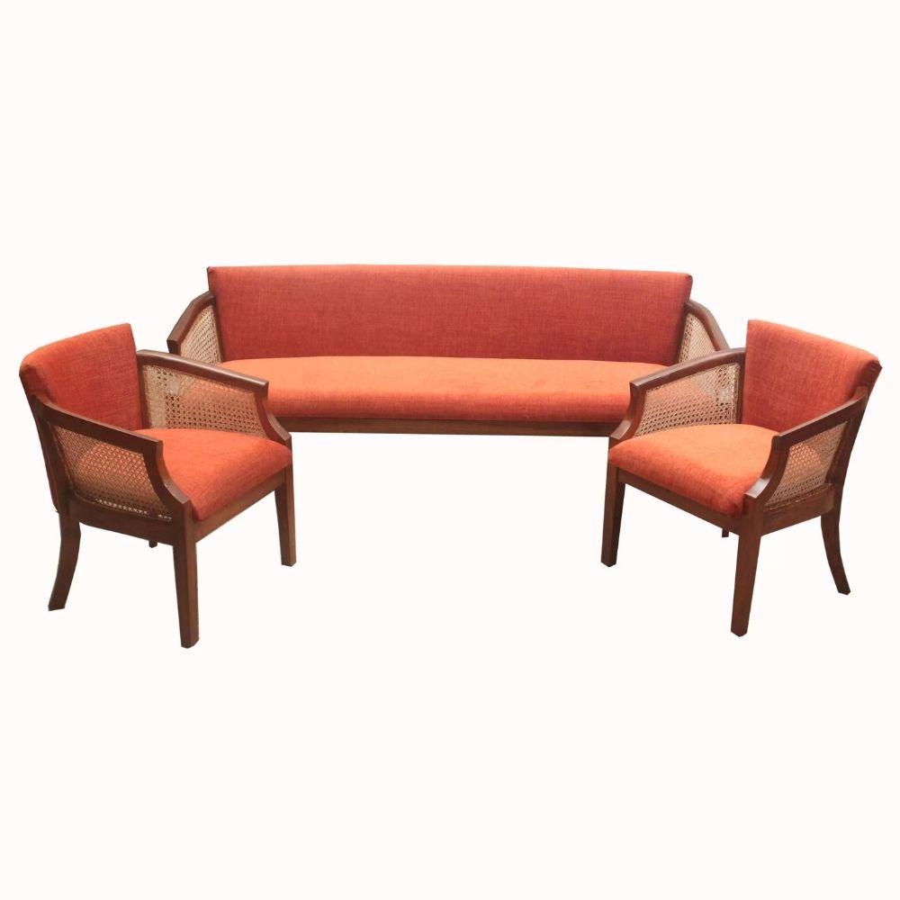 Heritage Teak and Cane Sofa Set with Cushions