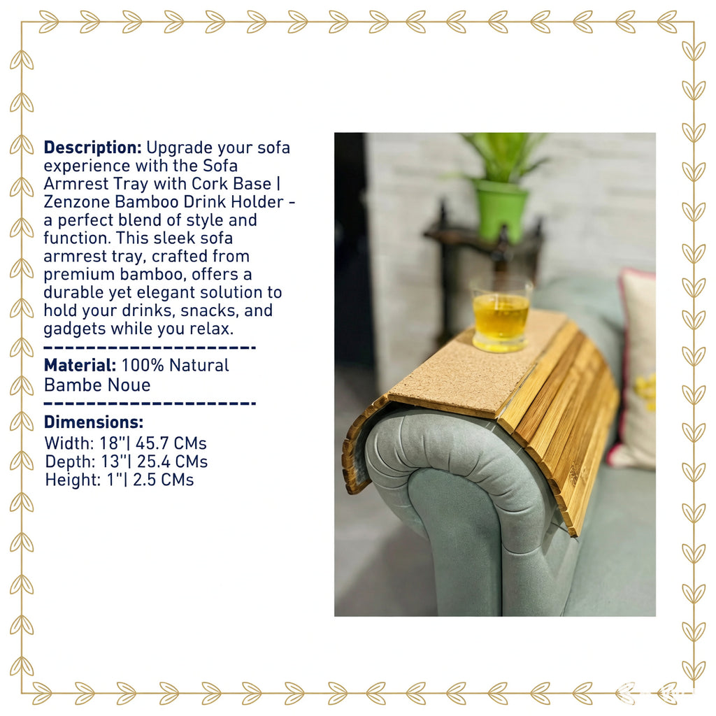Sofa Armrest Tray with Cork Base | Zenzone Bamboo Drink Holder