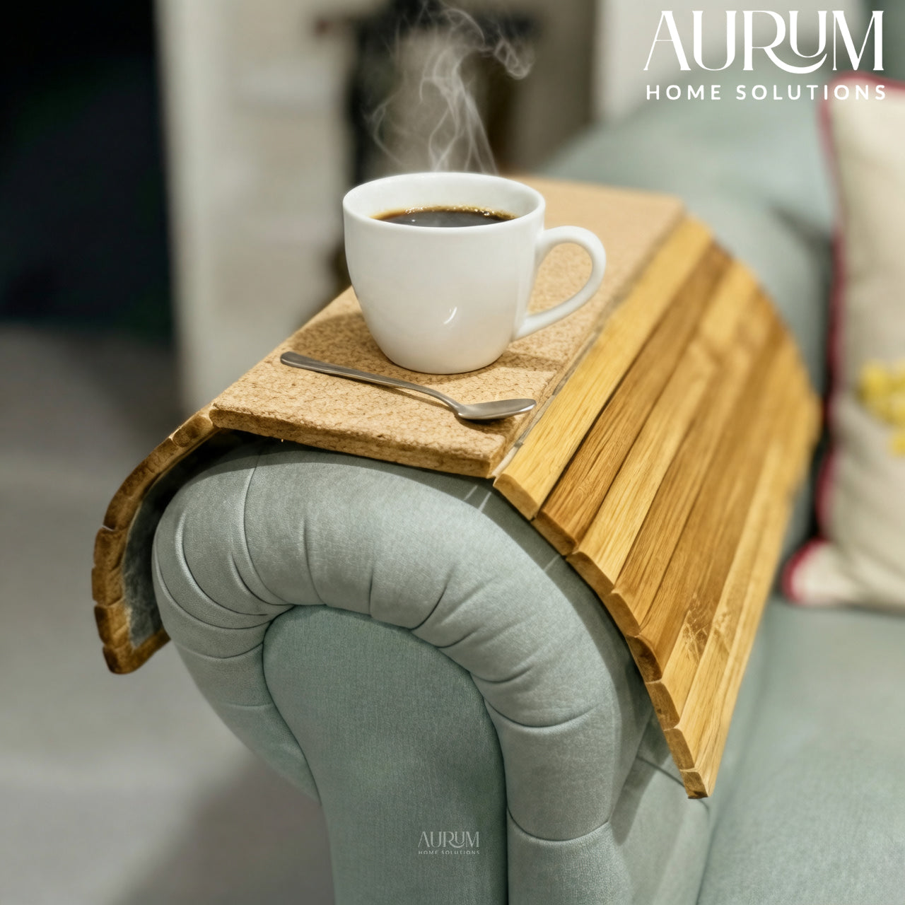 Sofa Armrest Tray with Cork Base | Zenzone Bamboo Drink Holder