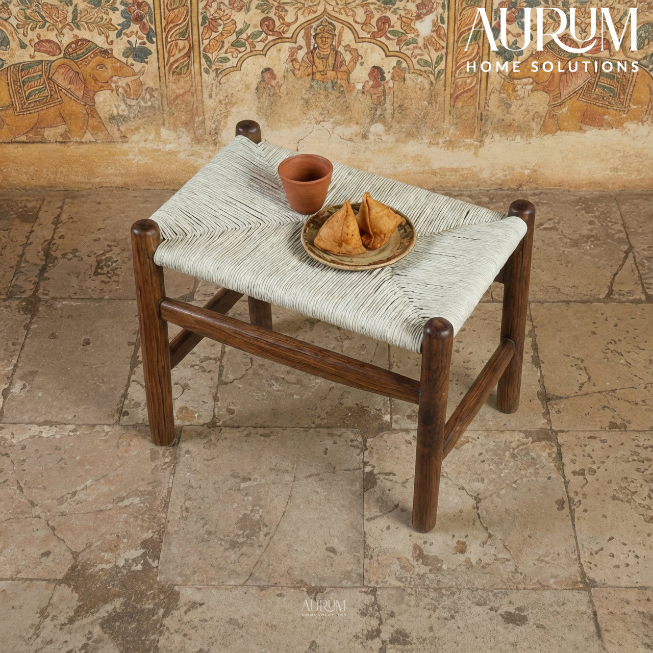 Nordic Teakwood Woven Stool