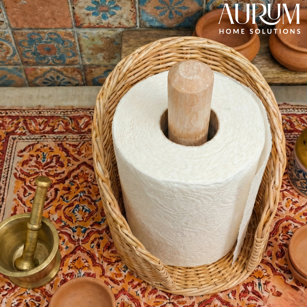 Paper Towel Holder Jiggler with Natural Rattan Weave