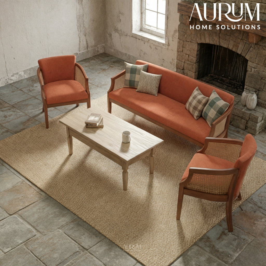 Heritage Teak and Cane Sofa Set with Cushions