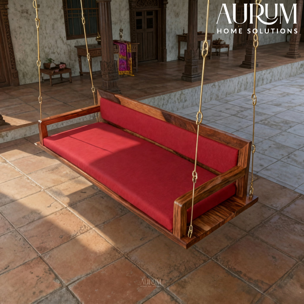 Red Back Upholstered Heritage Style Handmade Wooden Swing