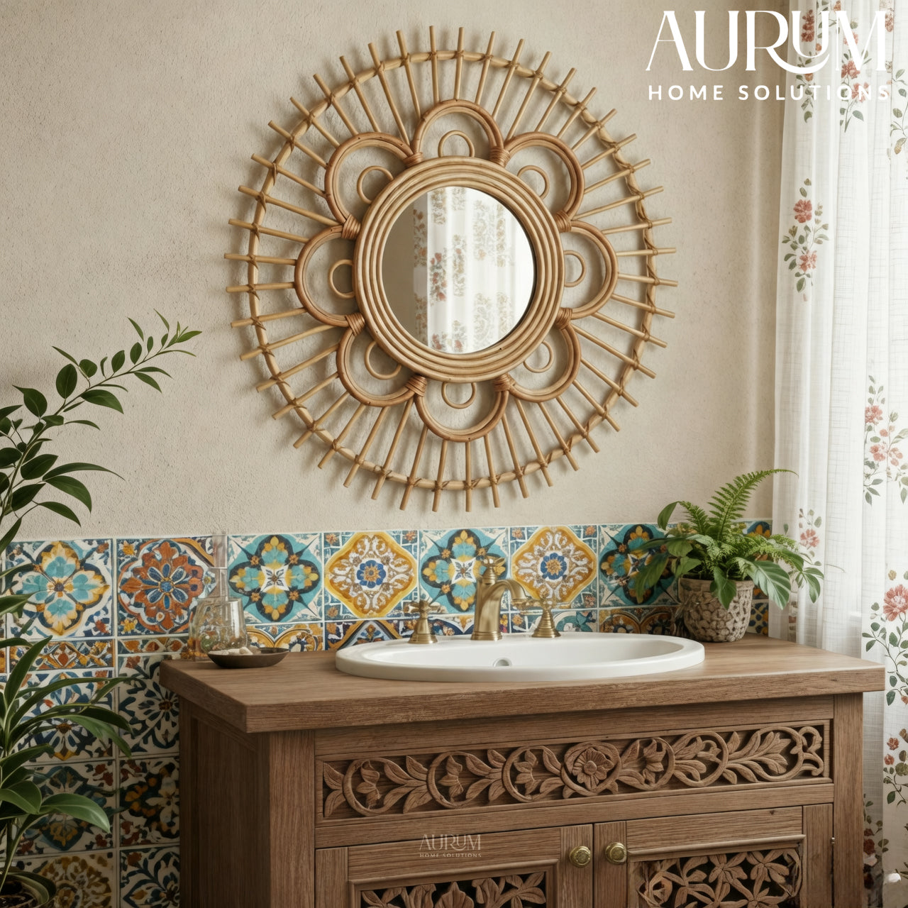 Wall Mirror with Rattan Sunburst Design for Homes