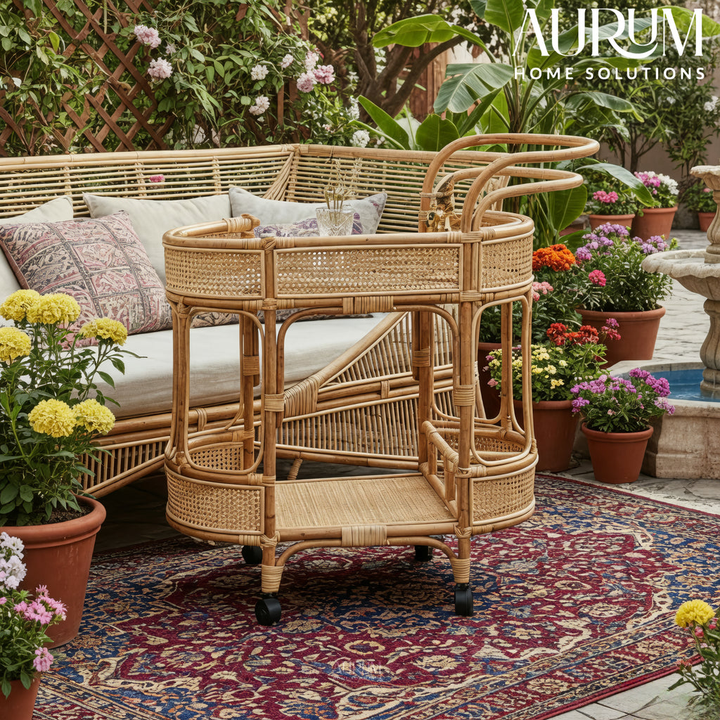Bar Cart with Rattan Shelves and Rolling Wheels