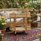 Bar Cart with Rattan Shelves and Rolling Wheels