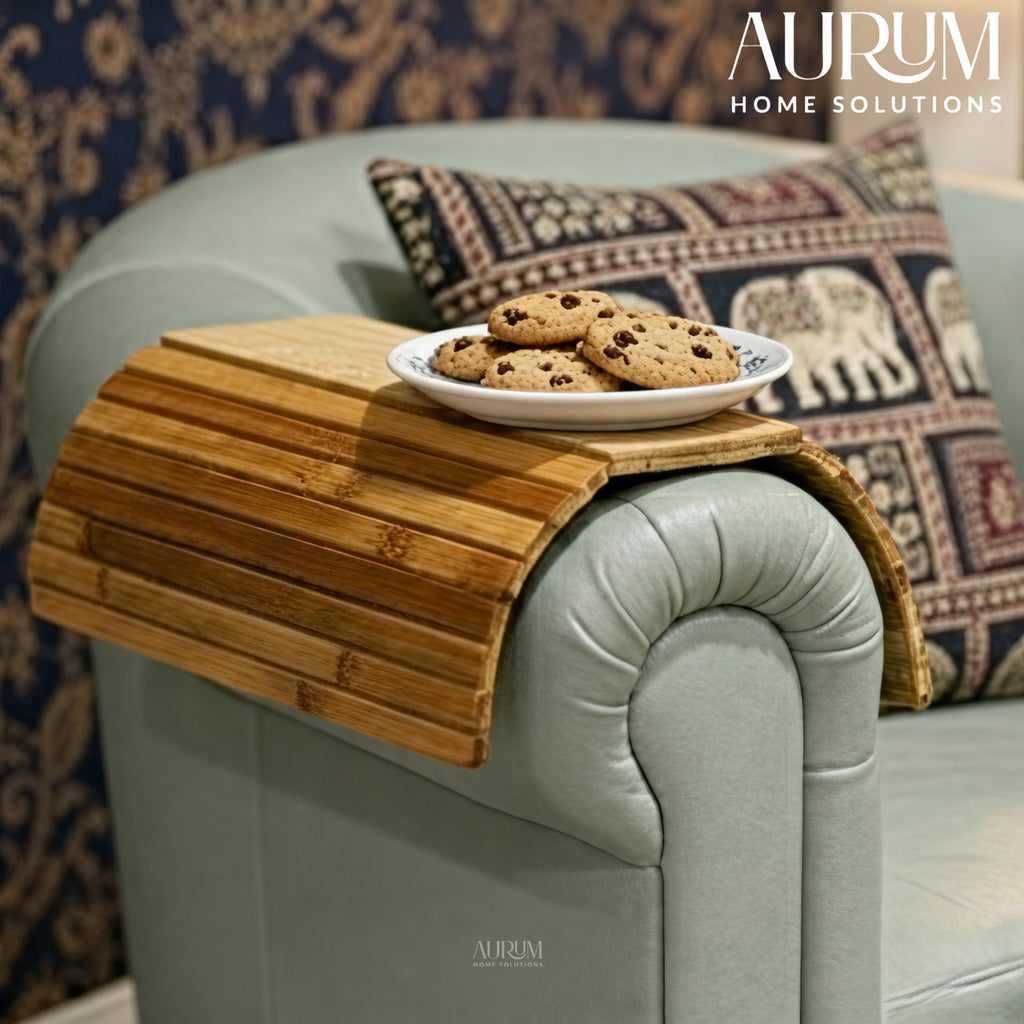 Sofa Armrest Tray with Cork Base | Zenzone Bamboo Drink Holder