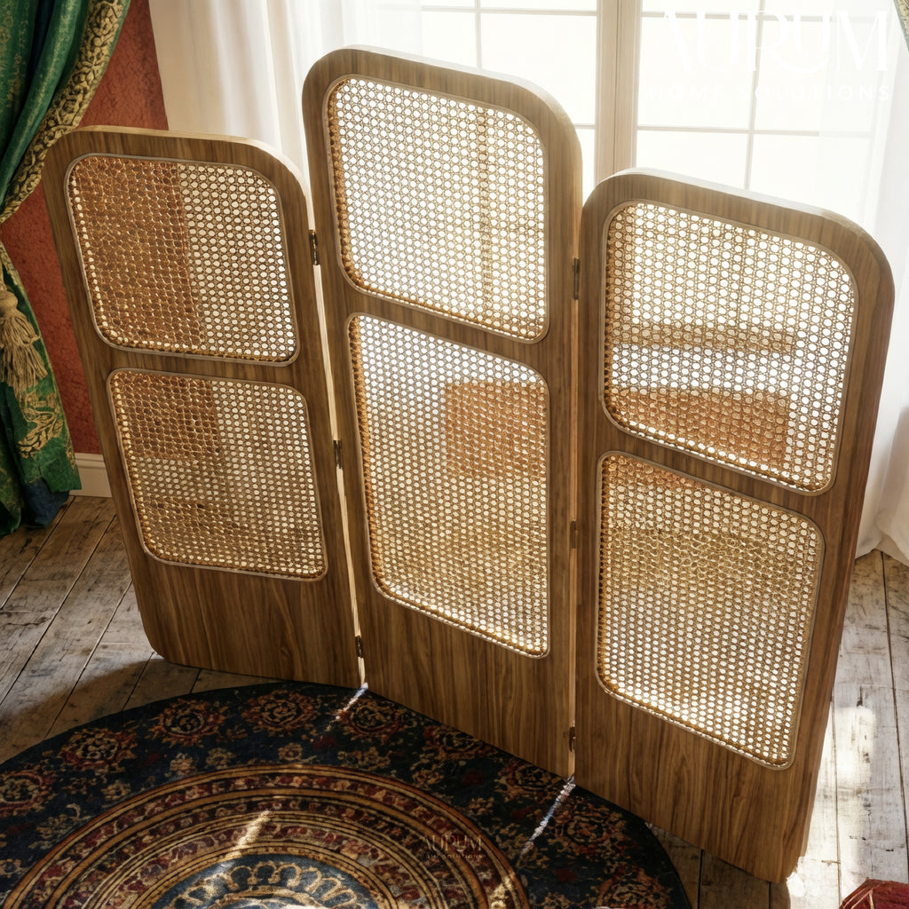 Room Partition Rattan Privacy Screen with Folding Panels