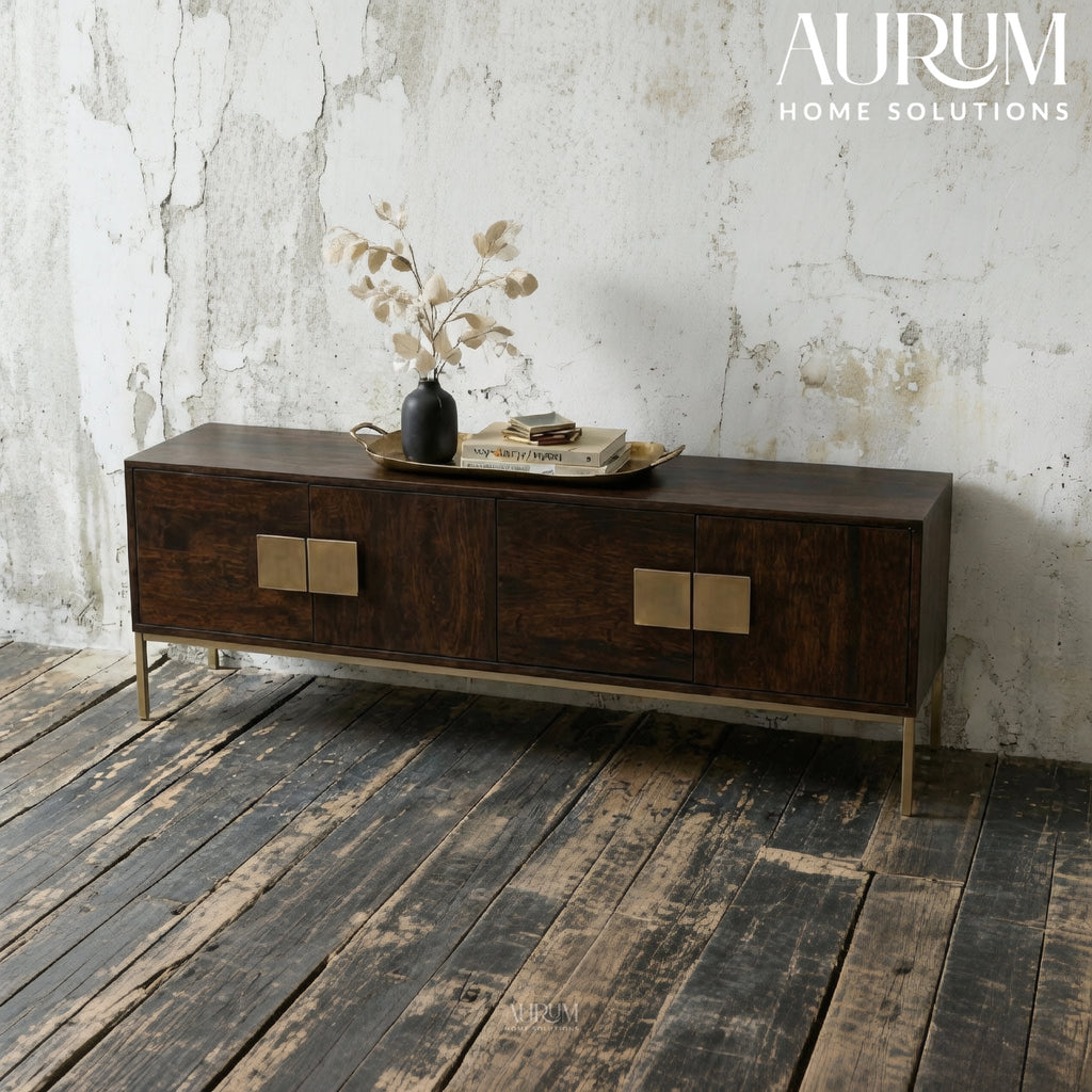 Modern Mango Wood TV Console with Brass Accents